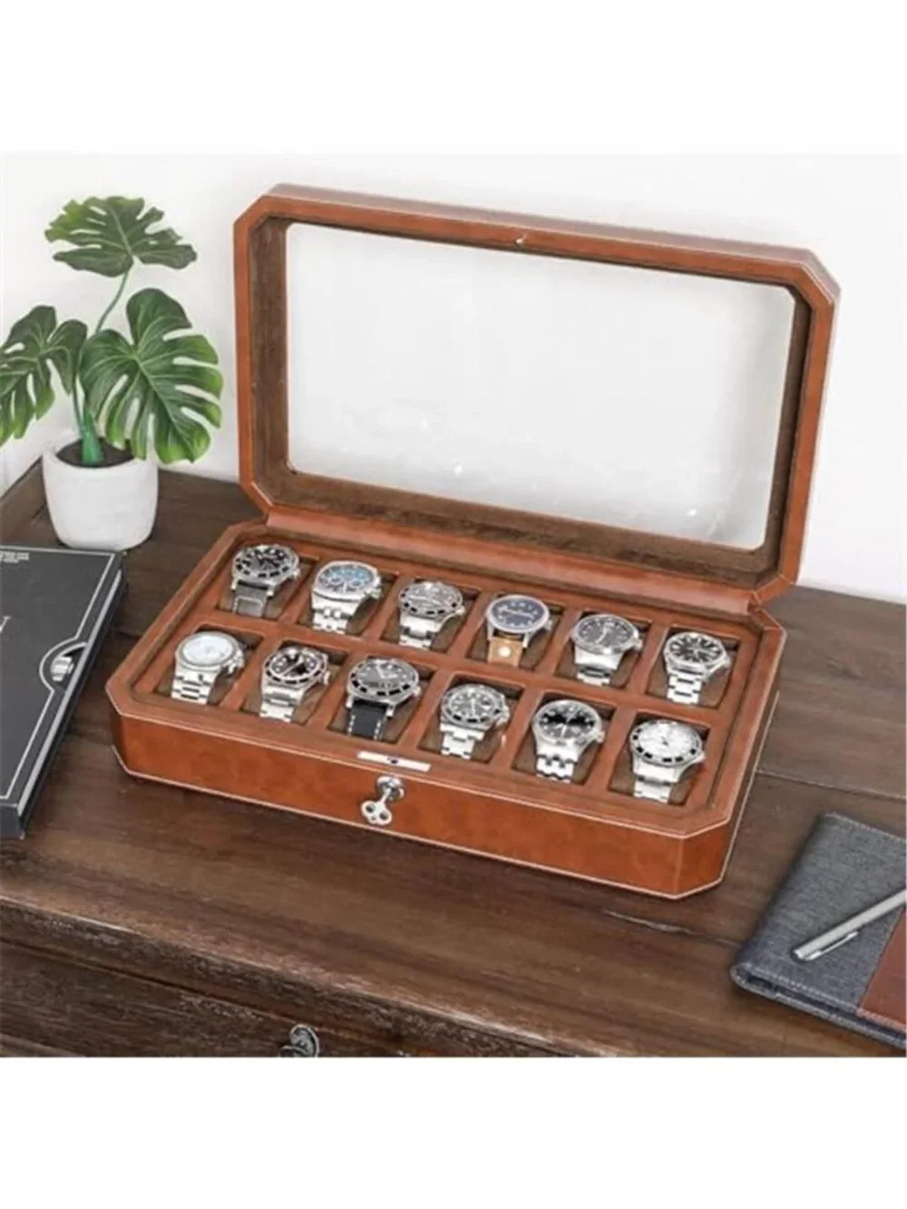 12 Slot Leather Watch Box - Luxury Watch Case Display Organizer